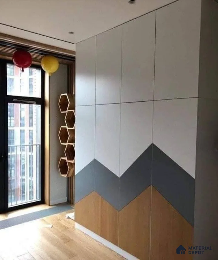 Scandinavian wardrobe with white, grey, and oak laminate chevron shutters and wooden flooring | Material Depot