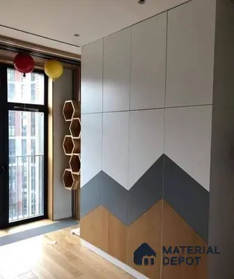 Scandinavian wardrobe with white, grey, and oak laminate chevron shutters and wooden flooring | Material Depot