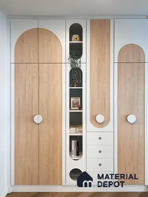 Scandinavian wardrobe with white solid laminate and light oak wood laminate | Material Depot