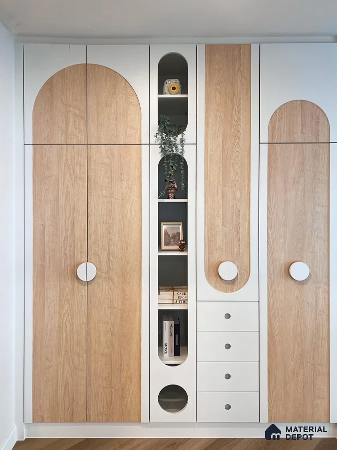 Scandinavian wardrobe with white solid laminate and light oak wood laminate | Material Depot