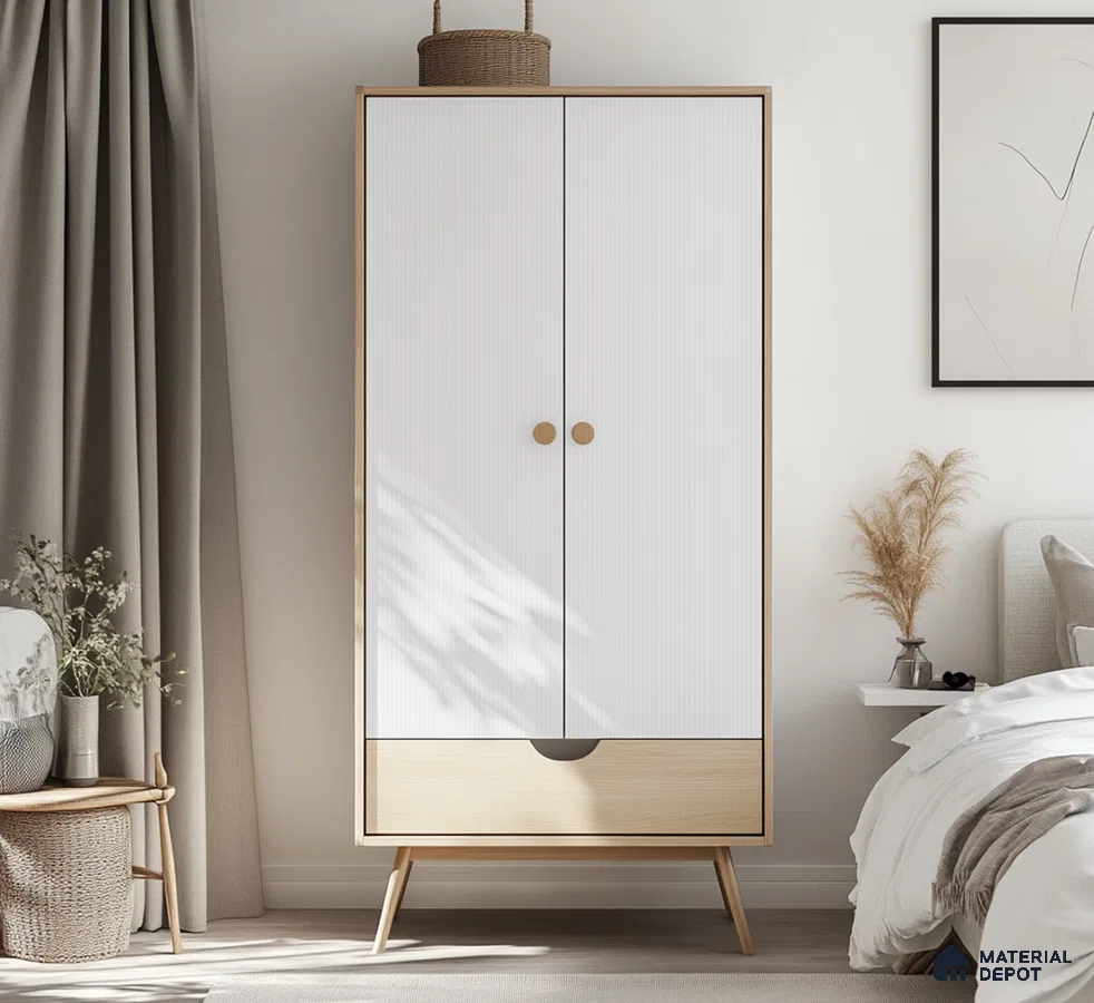 Scandinavian White and Wood Laminate Wardrobe for a Cozy Bedroom | Material Depot