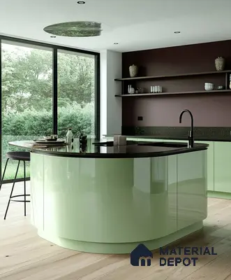 Scenic Curved Kitchen with Deep Burgundy and Fresh Green Tones | Material Depot