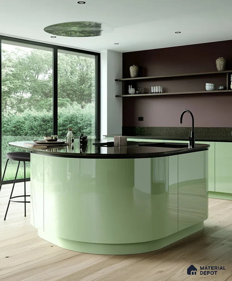 Scenic Curved Kitchen with Deep Burgundy and Fresh Green Tones | Material Depot