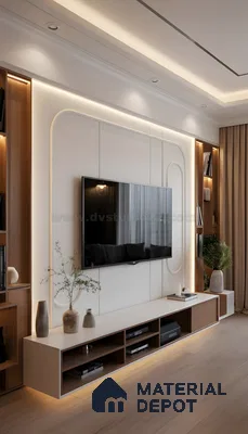 Sculpted Elegance: Minimalist Tv Wall With Soft Curves And Ambient Lighting | Material Depot
