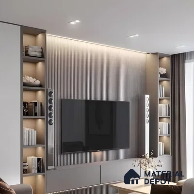 Sculpted Media Wall: Fluted Charcoal Panels With Integrated Fireplace & Textured Cream Accents | Material Depot