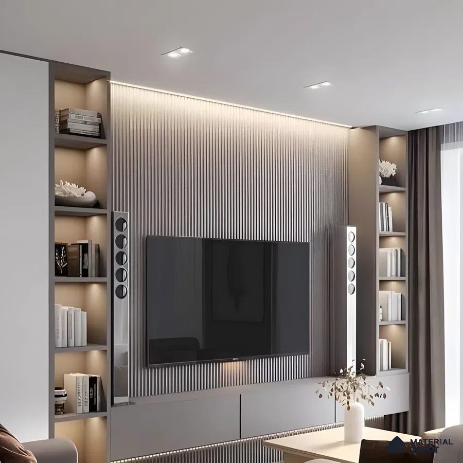Sculpted Media Wall: Fluted Charcoal Panels With Integrated Fireplace & Textured Cream Accents | Material Depot