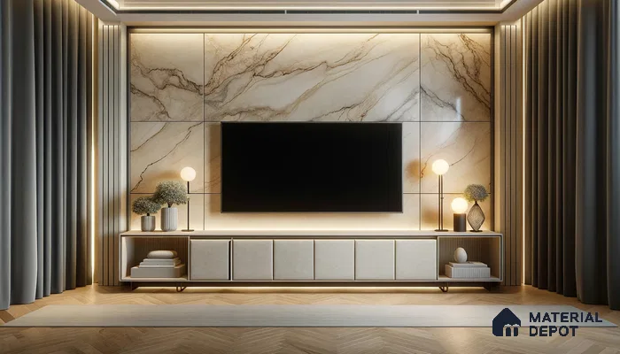 Sculptural Elegance in a Modern Entertainment Space with Ambient Warmth | Material Depot