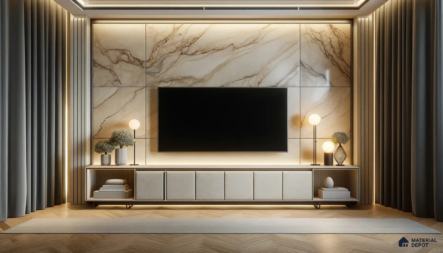 Sculptural Elegance in a Modern Entertainment Space with Ambient Warmth | Material Depot