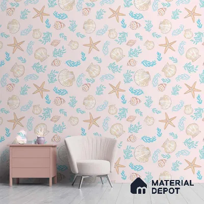 A close-up of a Aquatic Theme Wallpaper with Sea Shells and Starfish 19.6 Inches(W) x 420 Inches(H) Atarangi Series Patterned Patterned - 57 Sq. Ft. with a finish available at Material Depot in Bangalore