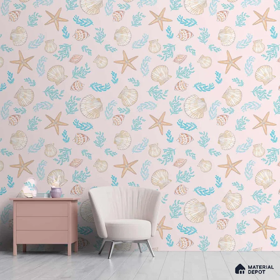 A close-up of a Aquatic Theme Wallpaper with Sea Shells and Starfish 19.6 Inches(W) x 420 Inches(H) Atarangi Series Patterned Patterned - 57 Sq. Ft. with a finish available at Material Depot in Bangalore