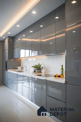 Seamless Grey Elegance: Minimalist Acrylic Kitchen With White Top | Material Depot