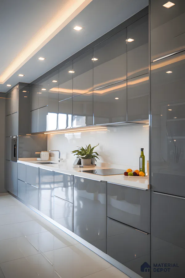Seamless Grey Elegance: Minimalist Acrylic Kitchen With White Top | Material Depot