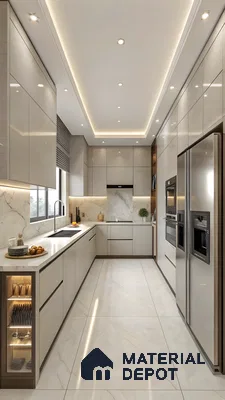 Seamless Luxury: Beige Matte Modular Kitchen With Marble Finishes | Material Depot