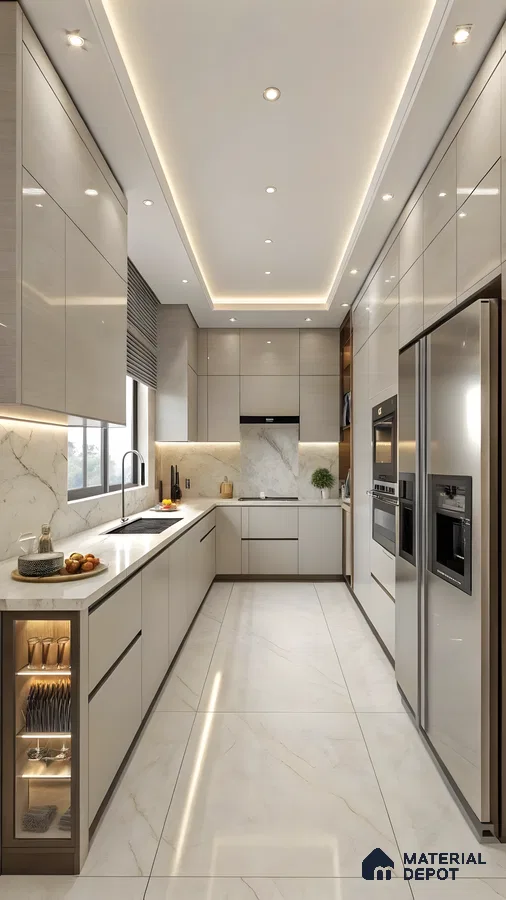 Seamless Luxury: Beige Matte Modular Kitchen With Marble Finishes | Material Depot