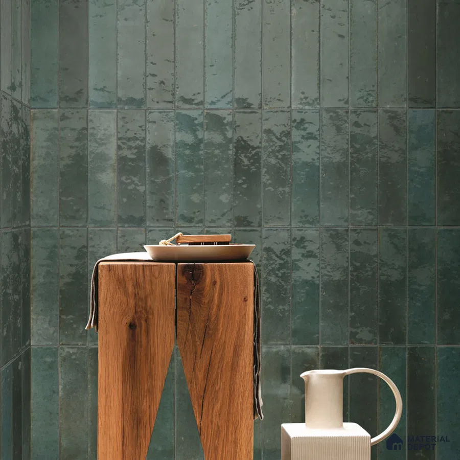 Seaside Elegance Deep Blue Reflective Tiles and Unique Table | Material Depot