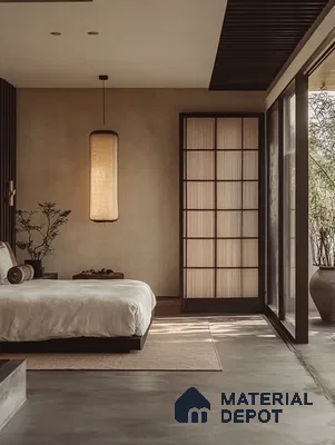Serene and Minimalist Bedroom Design with Shoji Screen and Indoor Plant Brigade Komarla Heights Padmanabhanagar | Material Depot