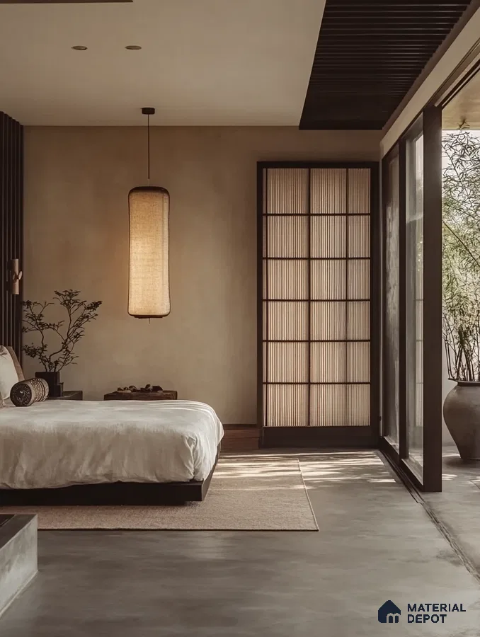 Serene and Minimalist Bedroom Design with Shoji Screen and Indoor Plant Brigade Komarla Heights Padmanabhanagar | Material Depot