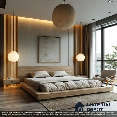 Serene and Modern Bedroom Design with Wood Paneling and Woven Pendant Lights Purva Zenium Airport Road | Material Depot