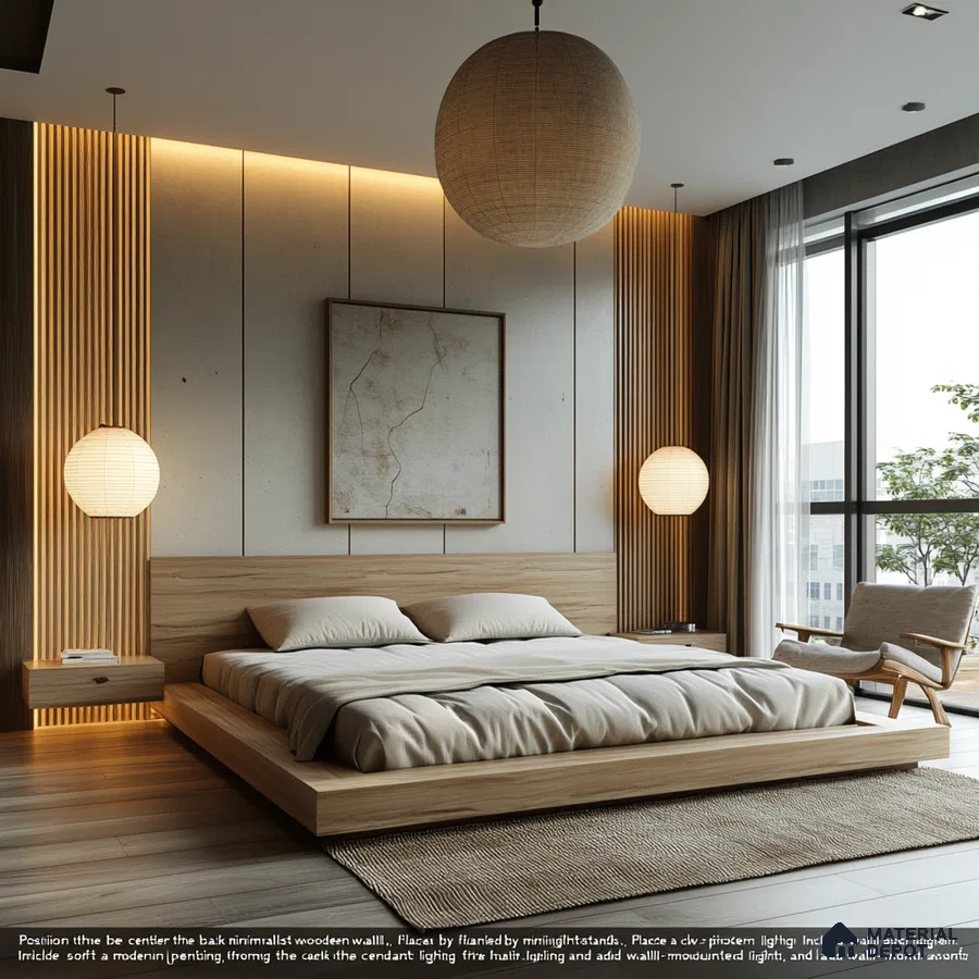 Serene and Modern Bedroom Design with Wood Paneling and Woven Pendant Lights Purva Zenium Airport Road | Material Depot