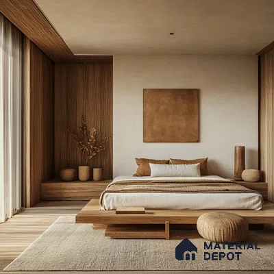 Serene and Modern Japanese Bedroom Design with Dark Walls and Tatami Platform Purva Blubelle Magadi Road | Material Depot