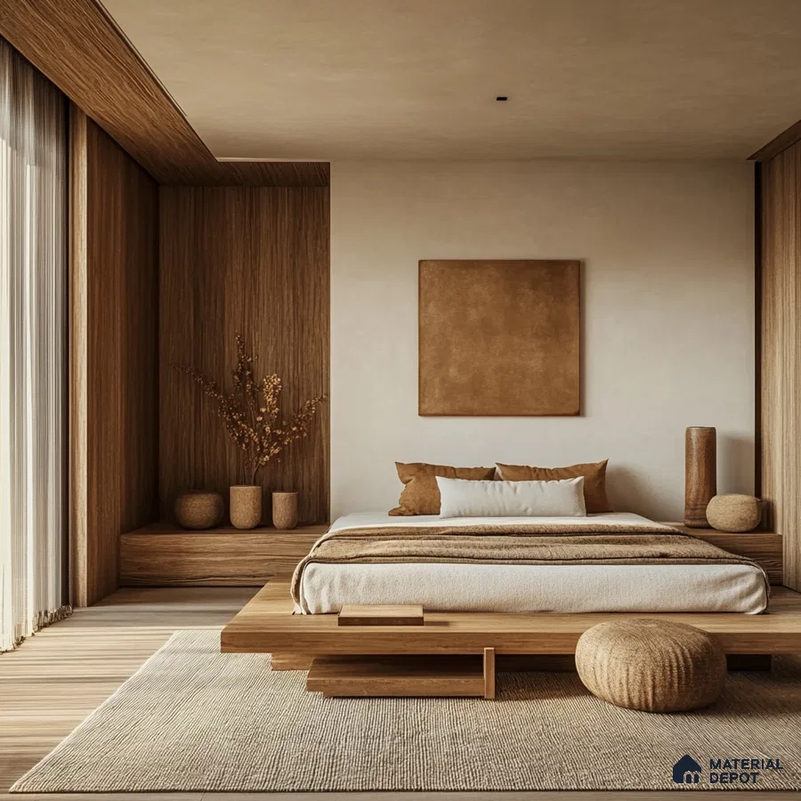 Serene and Modern Japanese Bedroom Design with Dark Walls and Tatami Platform Purva Blubelle Magadi Road | Material Depot
