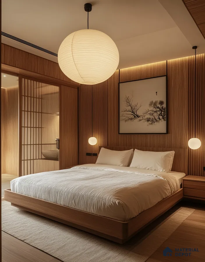 Serene and Natural Bedroom Design with Platform Bed and full wooden interior Prestige Waterford Whitefield | Material Depot
