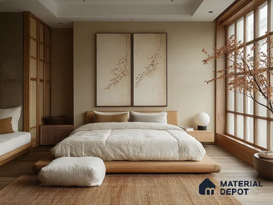 Serene and Natural Bedroom Design with Tatami Platform and Shoji Screen Prestige Finsbury Park Bagalur | Material Depot