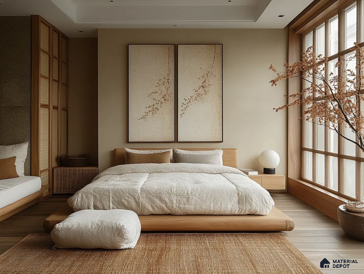 Serene and Natural Bedroom Design with Tatami Platform and Shoji Screen Prestige Finsbury Park Bagalur | Material Depot
