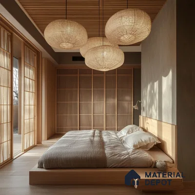Serene and Natural Bedroom Design with Woven Pendant Lights and Shoji Screen Mana Dale Sarjapur Road | Material Depot