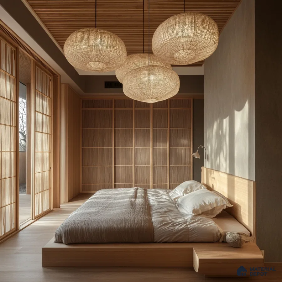 Serene and Natural Bedroom Design with Woven Pendant Lights and Shoji Screen Mana Dale Sarjapur Road | Material Depot