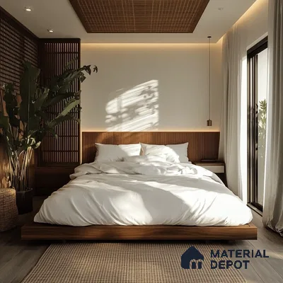 Serene and Natural Bedroom Design with Woven Wood Accents Purva Tivoli Hills Devanahalli | Material Depot