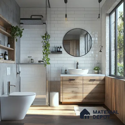 Serene and Natural: Rustic Bathroom with Wood Accents and Abundant Natural Light | Material Depot