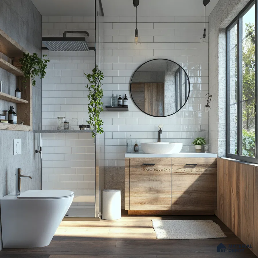 Serene and Natural: Rustic Bathroom with Wood Accents and Abundant Natural Light | Material Depot