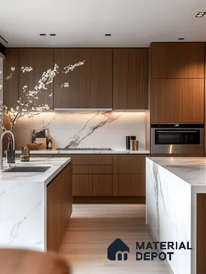 Serene and Sophisticated Modern Kitchen with Warm Wood Cabinets and Luxurious Marble Countertops | Material Depot