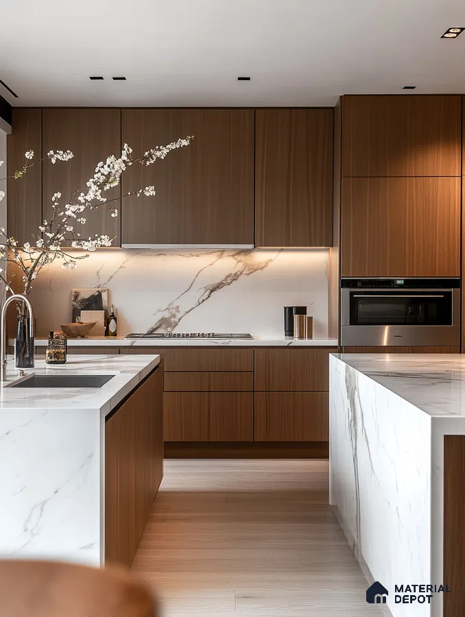 Serene and Sophisticated Modern Kitchen with Warm Wood Cabinets and Luxurious Marble Countertops | Material Depot