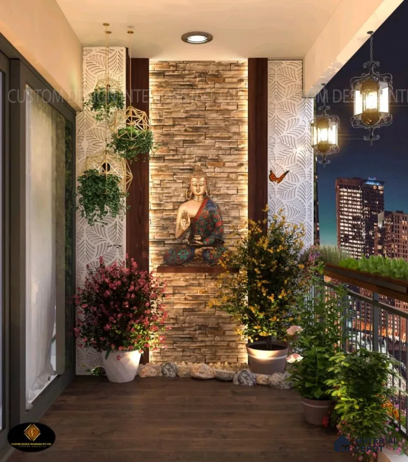 Serene Balcony with Stone Cladding and Greenery | Material Depot