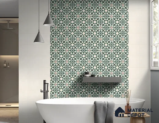 Serene Bath Niche with Green Moroccan Patterned Tiles | Material Depot