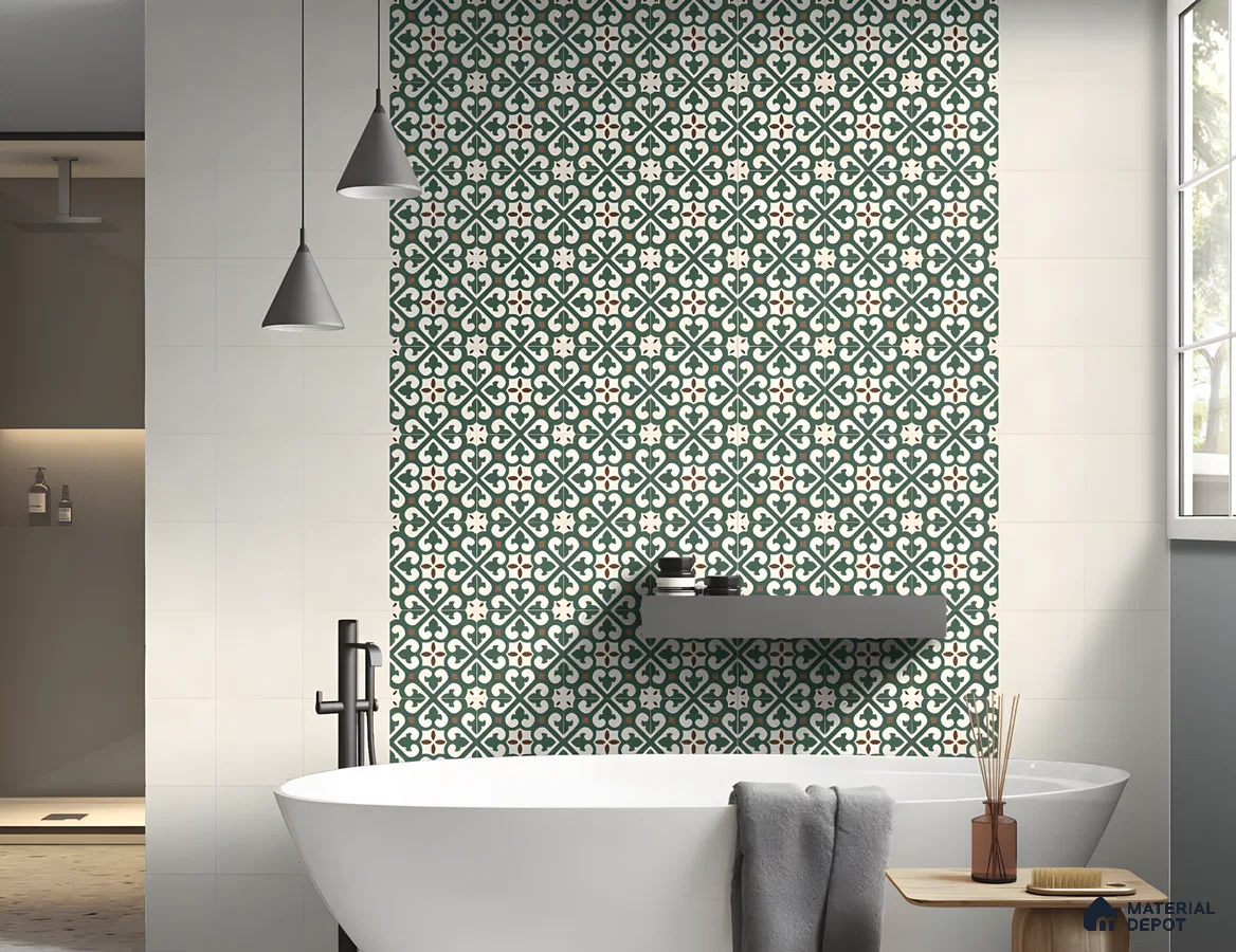 Serene Bath Niche with Green Moroccan Patterned Tiles | Material Depot
