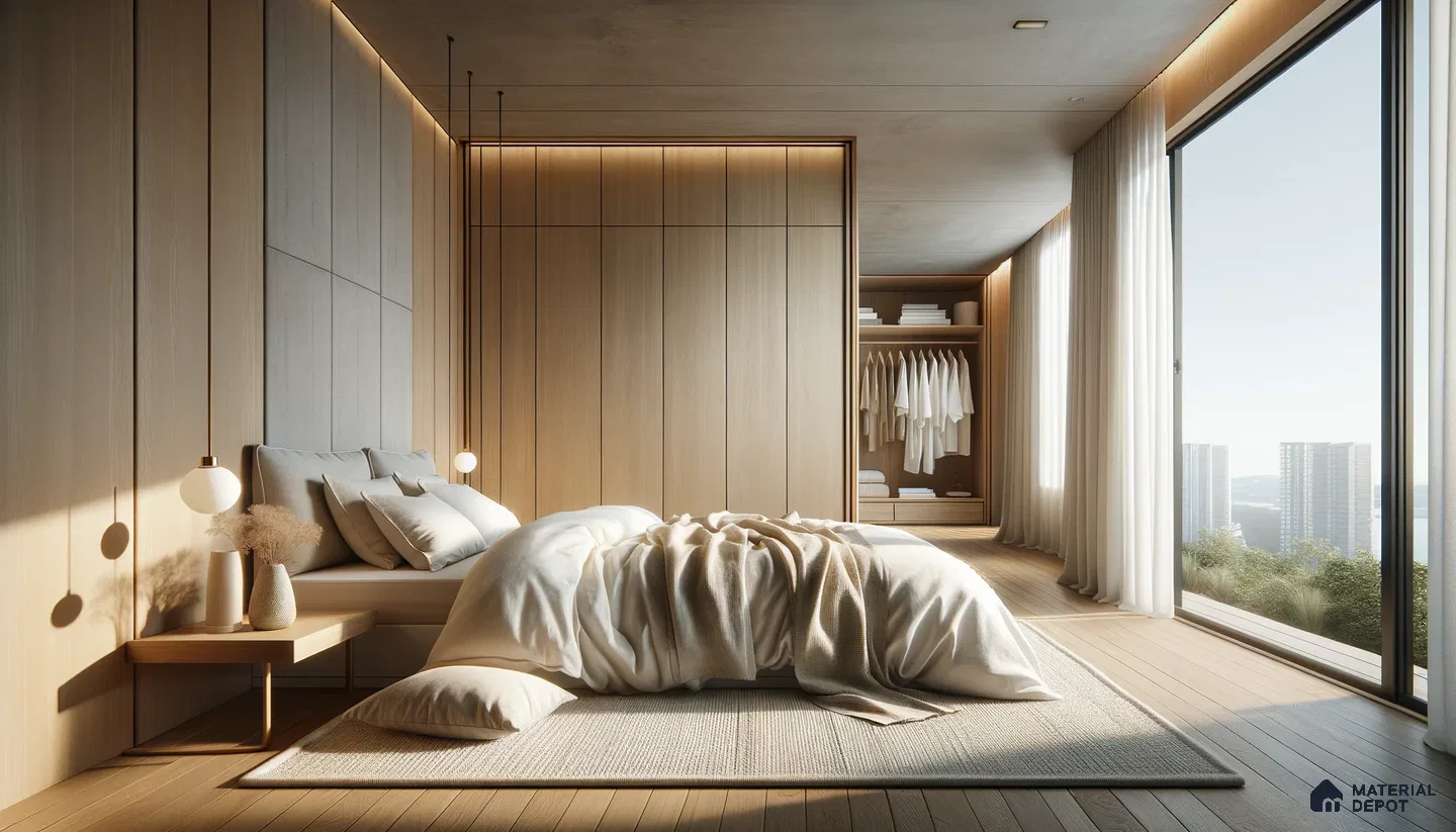 Serene Bedroom Retreat with Wooden Touch and Minimalist Design | Material Depot
