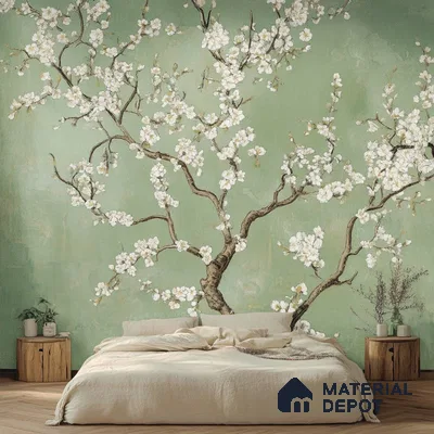 Serene Bedroom with Nature-Inspired Floral Wall Mural | Material Depot