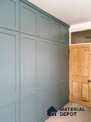 Serene Bedroom with Teal Painted Wardrobe and Brass Hardware | Material Depot