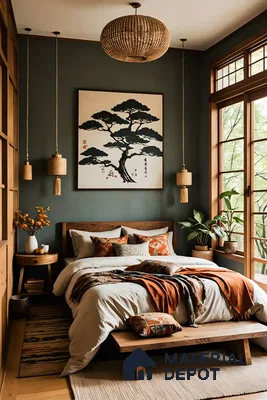 Serene Bedroom With Wooden Furniture And Woven Pendant Lights | Material Depot