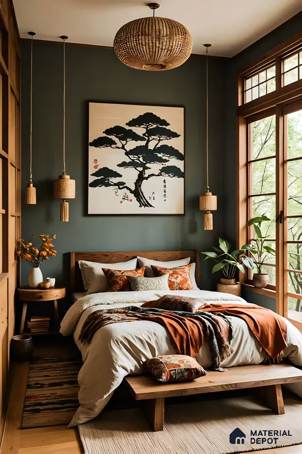 Serene Bedroom With Wooden Furniture And Woven Pendant Lights | Material Depot