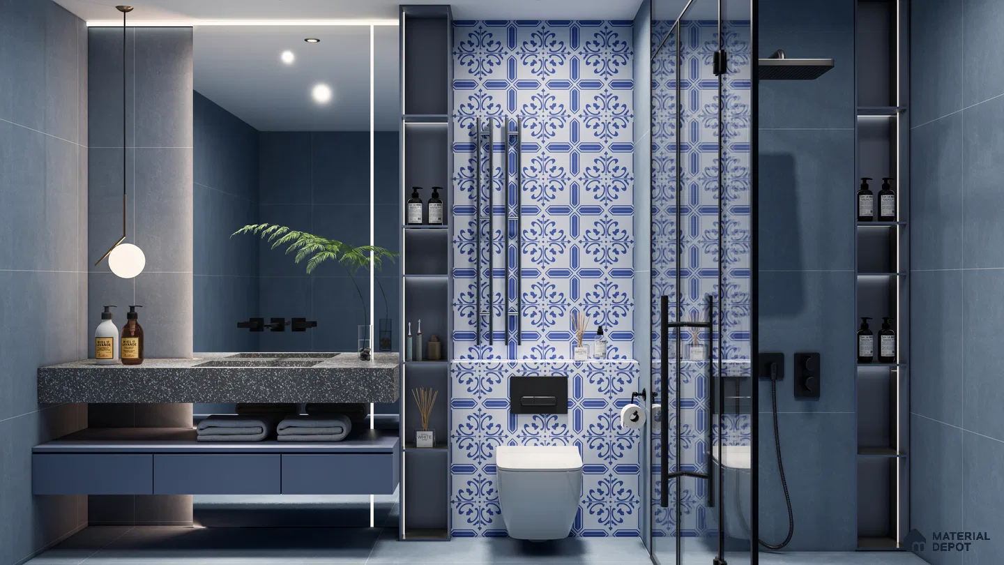Serene Blue Bathroom with Moroccan-Inspired Accent Tiles | Material Depot