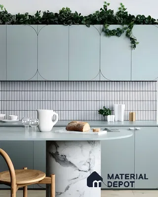 Serene Blue Kitchen With Marble Pedestal Island And Fluted Backsplash | Material Depot