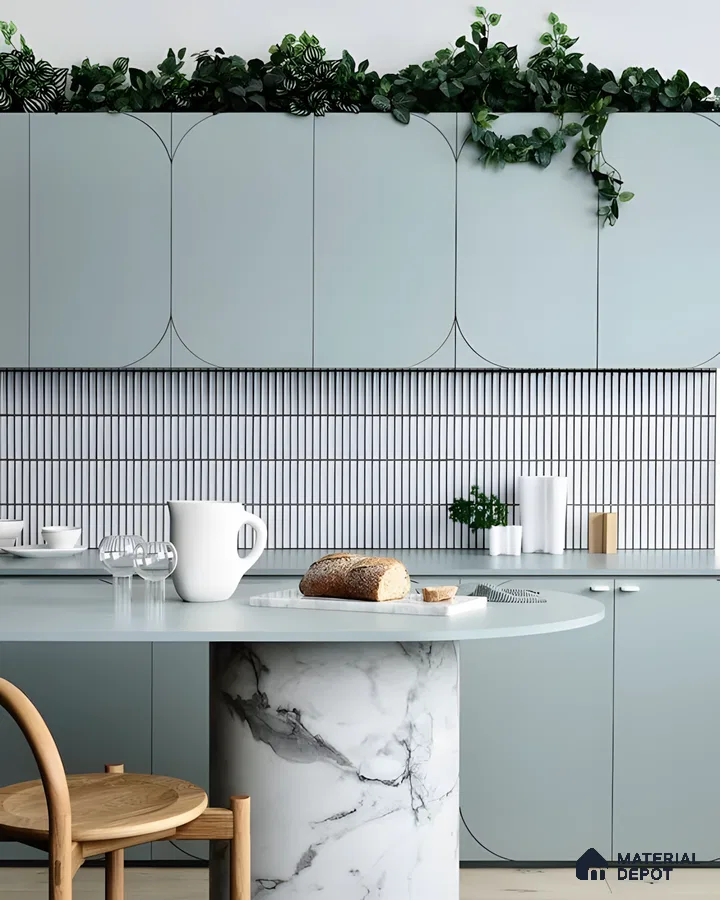 Serene Blue Kitchen With Marble Pedestal Island And Fluted Backsplash | Material Depot