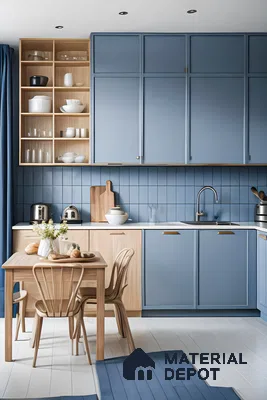 Serene Blue Kitchen with Warm Wood Accents and blue Subway Tiles | Material Depot