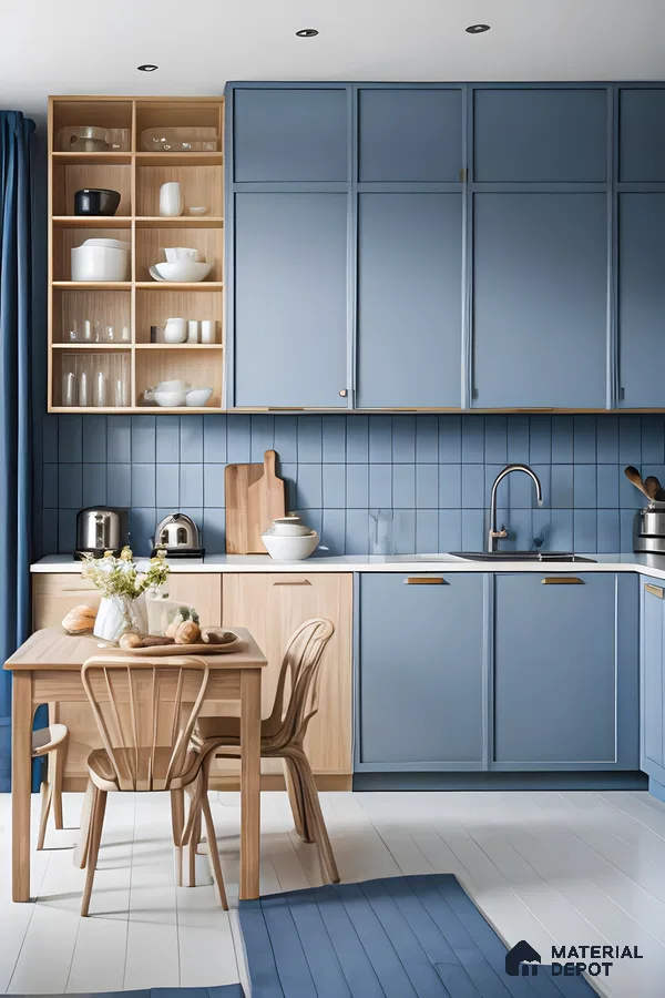 Serene Blue Kitchen with Warm Wood Accents and blue Subway Tiles | Material Depot