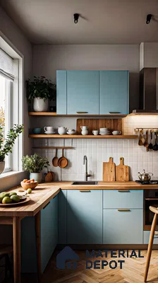 Serene Blue Kitchen with Warm Wood Accents | Material Depot