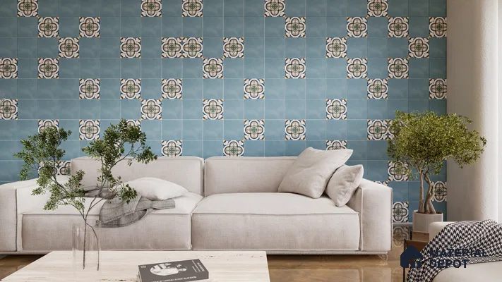 Serene Blue Living Room Wall with Floral Accent Tiles | Material Depot